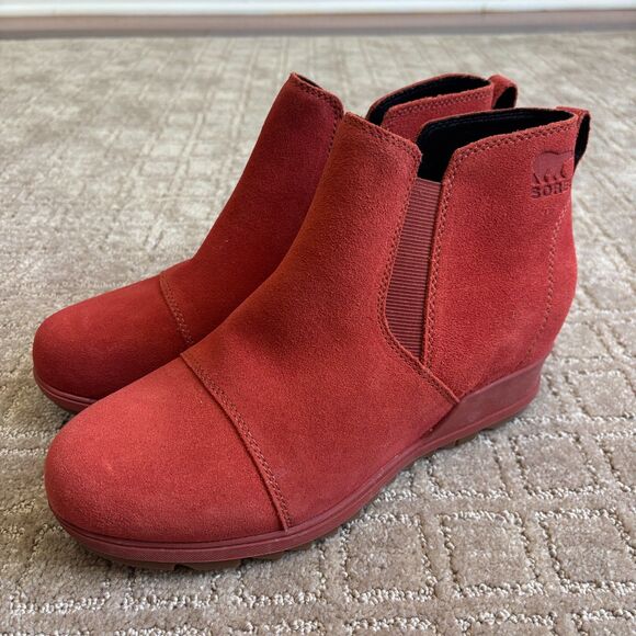 Sorel Evie Pull On Bootie Women's 9.5 Rust Red Waterproof Suede Wedge Ankle EUC - Picture 4 of 10